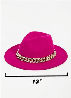 Pink fedora Small brim with Gold chain. Small brim measures 13" inches long from front to back. Normal fedora are 15.5" long front to back for reference Super Cute to add style to any outfit. Cute and Chic Wide Brim Ships in a box with bubble wrap and carefully wrapped to prevent any damage Pink Fedora For Party, Adjustable Hat Bands For Fall Party, Gold Wide Brim Fedora For Party, Chic Adjustable Fedora For Party, Gold Fedora With Curved Brim For Party, Trendy Flat Brim Party Hat, Trendy Flat Brim Hat For Party, Party Fedora With Adjustable Flat Crown, Gold Fedora Hat For Party