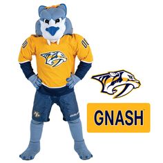 a mascot is standing with his hands on his hips and the words gnash are in front of him