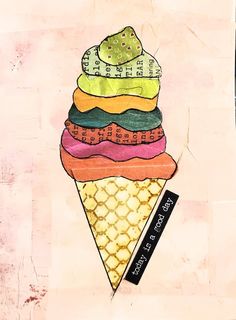 an ice cream cone with different colored toppings on it's top and bottom