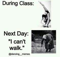 two pictures with the words during class next day i can't walk