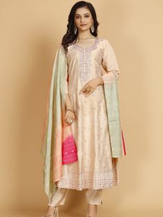 Aarvi Flair Kamiz & Pant - Roop Darshan Semi-stitched Slub Silk Dupatta With Resham Embroidery, Embroidered Unstitched Slub Silk Dupatta, Embroidered Pink Slub Silk Palazzo Set, Embroidered Slub Silk Pink Palazzo Set, Semi-stitched Embroidered Raw Silk Fabric With Sheer Dupatta, Embroidery Sleeves, Resham Embroidery, Update Your Wardrobe, Thread Embroidery