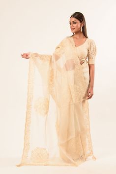 Indulge in the fusion of tradition and modernity with our White Organza Embroidered Saree. This premium saree boasts a soft, sheer texture and lightweight fabric for all-day comfort and effortless grace. Pre-draped Saree With Chikankari Embroidery For Transitional Reception, Pre-draped Saree With Chikankari Embroidery For Reception, Reception Tissue Silk Blouse With Chikankari Embroidery, Traditional Drape Cotton Silk Fabric For Reception, Traditional Drape Embroidered Cotton Silk Fabric For Reception, Elegant Pre-draped Saree With Chikankari For Reception, Cotton Silk Pre-draped Saree For Wedding And Eid, Reception Traditional Drape Cotton Silk Embroidered Fabric, Elegant Pre-draped Chikankari Saree For Reception