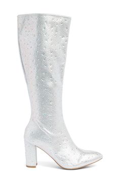 Glistening rhinestones shimmer like a disco ball under dance floor lights in these tall party-perfect boots finished with a covered heel and pointed toe. 3 2/3" heel 15" shaft Full side zip closure Synthetic upper, lining and sole Imported Dance Floor Lights, Guy Shoes, Dance Floor Lighting, Disco Ball, Dance Floor, Floor Lights, Silver Glitter, Boot Shoes Women, Mid Calf