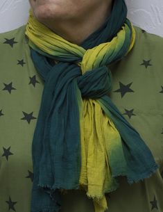 "Mustard/Teal gradient Bohemian scarf made of 100% pure cotton (high grade double gauze), hand dyed, to color for your choise. The perfect accessory for any occasion, it will look amazing with a Boho or Casual look, as well as any other occasion of your choice. Made from natural cotton, pre-washed and wrinkled for a relaxed look. SCARF SIZES: - length - 1.9 meters (75\") - width - 0.8 meters (31\") Two edges are left untreated. A great accessory for any occasion and any weather! Because the mate Bohemian Hand Dyed Cotton Scarves, Bohemian Hand Dyed Cotton Scarf, Bohemian Hand-dyed Cotton Scarves, Green Hand Dyed Bohemian Scarf, Scarf Sizes, Teal Gradient, Bohemian Scarf, Bohemian Scarves, Soft Scarf