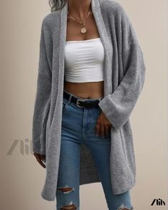 Zlily - Relaxed and Casual Knit Cardigan Ladies Long Top, Summer Knitwear, Curved Hem Shirt, Shoulder Cardigan, Drop Shoulder Cardigan, Winter Typ, Estilo Chic, Cardigan Outfits, Casual Cardigans