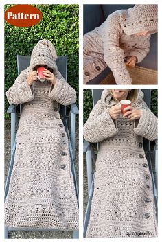 a woman is sitting in a chair and drinking from a cup while wearing a crocheted sweater