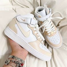 Beige Custom Air Force 1 Low/Mid/High Sneakers. -Our current processing time is 3-4 weeks. We try hard to deliver as fast as we can. The best things are worth the wait. -Size Guide- C (Child) Y (Youth) W (Women) M (Men.) -Exactly as shown in the picture. -Applied Special Acrylic Paint for Shoes and Finisher for more Durability. -Waterproof and flexible. -Made in the US. -100 % Authentic Air Force 1 Sneakers. -Perforated toe cap for breathability. -Chunky foam sole with signature Air cushioning. High Sole Sneakers, White And Beige Sneakers, Shoes High Tops, Nike Air Force High Tops, Air Force High Tops, Nike Air Force High, Air Force One, Air Force One Shoes, Nike Air Force 1 High