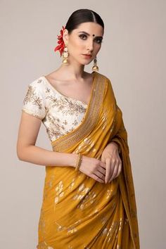 Shop for Joy Mitra Yellow Cotton Floral Print Saree With Blouse for Women Online at Aza Fashions Yellow Floral Saree, Floral Print Saree, Saree Cotton, Floral Print Sarees, Floral Saree, Print Saree, Yellow Saree, Blouse Silk, Embroidered Border