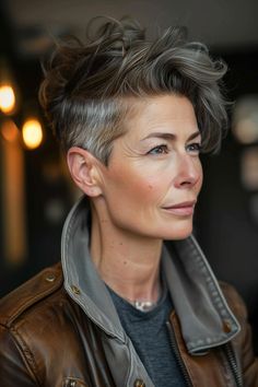 27 Stunning Short Hairstyles Every Woman Over 50 Needs to See in 2024! – CreativeBooster Pixie Haircut Longer On Top, Bold Pixie Haircut, Pixie With Short Sides, Long On Top Short On Sides Women Haircut, Undercut Pixie Haircut For Older Women, Short Lesbian Hair Haircut, Androgynous Short Hair, Short Edgy Pixie Haircut, Short Edgy Haircuts