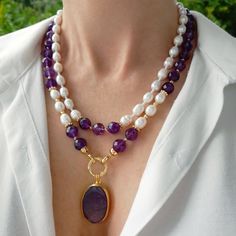 Large amethyst and pearl necklace with pendant. Big beaded long two strand necklace. Chunky statement gemstone necklace for women. Large handmade necklace with big bead and gemstone. Big bold bohemian bright necklace in gold color are suitable for an casual look, evening look and for a holiday. These necklace will be a good Christmas, anniversary, wedding or birthday gift for mom, wife, girlfriend, sister or daughter. Women's necklace with natural stone. It emphasizes the beauty of your neck and Luxury Beaded Necklaces With Large Beads As Gift, Luxury Elegant Beaded Necklaces With Stone Work, Luxury Handmade Necklace With Oval Beads, Luxury Handmade Beaded Necklace For Ceremonial Use, Luxury Handmade Beaded Necklace For Ceremonial Occasions, Cheap Large Beaded Jewelry Gift, Luxury Handmade Necklaces With Oval Beads, Luxury Large Beads Beaded Necklace As Gift, Luxury Large Beads Beaded Necklaces Gift