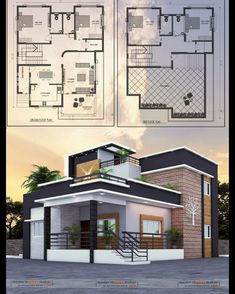 two story house plan with floor plans and elevation details