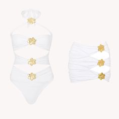 This show-stopping one-piece swimsuit is made from luxurious stretch fabric, adorned with bold gold embellishments for a glamorous touch. The cutout design enhances the curves, while the ruched sarong-style skirt adds a playful and flirty element. Adjustable tie straps at the neck ensure a custom fit. Available in vibrant colors, this set is perfect for poolside parties, beach getaways, or Vegas nights. window.adminAccountId=230245566; Vegas Swimsuits, Skirt Swimwear, Swimsuit With Cover Up, Sarong Style, Women Bodysuit, Cutout One Piece, Poolside Party, Swimwear Women, Cutout Design