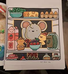 a drawing of a mouse eating food in front of an open refrigerator with other items