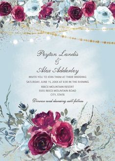 an elegant wedding card with roses and leaves on the front, in silver foil glitters