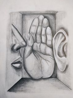 a drawing of a human hand and ear in a box with the door open to another person's face