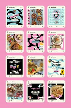 a pink background with many different food items on it, including donuts and cereals