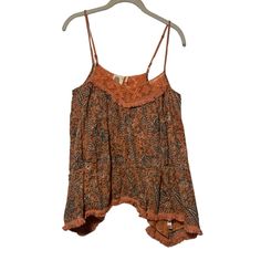 Brand New Anthropologie Lilka Orange Spaghetti Strap 100% Cotton Swing Top (1) Casual Flowy Spaghetti Strap Top, Casual Flowy Camisole, Flowy Spaghetti Strap Top For Vacation, Bohemian Sleeveless Tank Top With Adjustable Straps, Bohemian Tops With Adjustable Straps For Spring, Bohemian Cotton Tops With Adjustable Straps, Bohemian Spaghetti Strap Floral Tops, Flowy Cami Tank Top For Vacation, Bohemian Camisole Top With Adjustable Straps