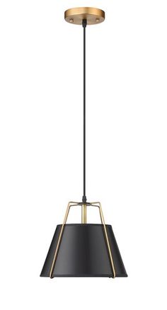 a black and gold pendant light fixture with an open shade on the bottom, hanging from a