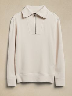 Effortlessly sophisticated, this soft half-zip sweater employs a plush cotton, French rib fabric, beloved for its sumptuous texture and seasonal warmth, complete with a half-zip detail so you can adjust to your liking.  Stand collar with zip placket. Winter Half-zip Sweatshirt With Ribbed Collar, Cozy Half-zip Sweatshirt With Ribbed Cuffs, Half-zip Sweatshirt With Ribbed Collar For Sports, White Half-zip Sweatshirt With Zipper Closure, Cozy Half-zip Sweatshirt With Zipper Closure, Half Zip Sweatshirt, Half Zip Sweaters, Zip Sweater, Zip Sweatshirt