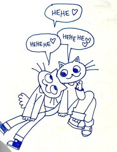 a drawing of two cats sitting next to each other with speech bubbles above their heads