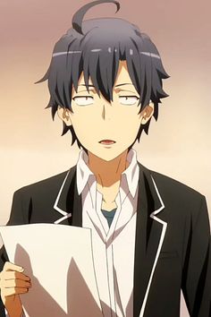 an anime character holding a piece of paper and looking at the camera with his eyes closed