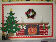 Paper Fireplace, Fireplace Backdrop, Bulletin Board Tree, Diy Christmas Fireplace, Amazon Boxes, Classroom Christmas Decorations, Christmas Classroom Door, Christmas Bulletin Board, Christmas Bulletin