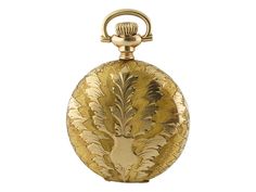 "Antique (c. early 20th Century) Elgin 14K Yellow Gold Leaf Motif Ornate Hunters Case Ladies' Pendant Watch Case: 33 mm, circular 14K yellow gold elaborately decorated back and front with stylized leaf design against heavily textured background The front and back of the case are identical except for a small cartouche on the front which is free of engraving and is ready for someone's initial The texturing of the gold creates a wonderful dimension to the design and provides a beautiful shimmer The Timeless Engraved Yellow Gold Watch, Victorian Gold Watch With Chronometer, Victorian Style Gold Watch With Chronometer, Victorian Yellow Gold Formal Watches, Formal Yellow Gold Medallion Watch, Victorian Engraved Gold Watches, Victorian Yellow Gold Pocket Watch For Anniversary, Victorian Yellow Gold Pocket Watch For Formal Occasions, Victorian Gold Watch For Formal Occasions