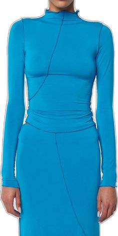 Blue Long Sleeve Top With Side Pockets, Fitted Tops With Asymmetrical Zipper Closure, Fitted Knit Top With Asymmetrical Neckline, Luxury Sleek Asymmetrical Top, Blue Asymmetrical Stretch Top, The Line By K, Line By K, High Hips, Turtle Neck Top