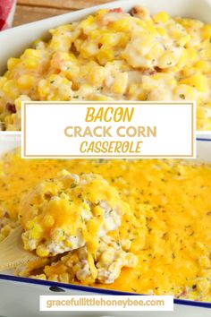 bacon and corn casserole in a white dish with a wooden spoon