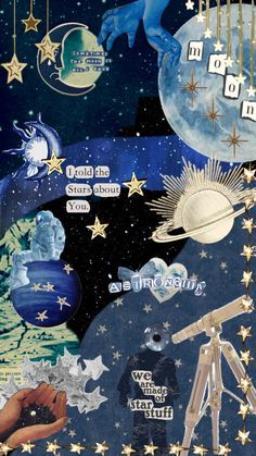 an artistic collage with stars, planets and other things in the sky above them