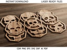 four wooden skull coasters on a table with text that reads instant download laser ready files