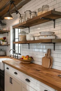 a kitchen with open shelving and wooden counter tops