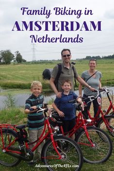 family biking in amsterdam with text overlay