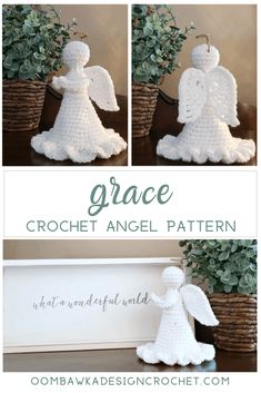 the crochet angel pattern is shown in three different views