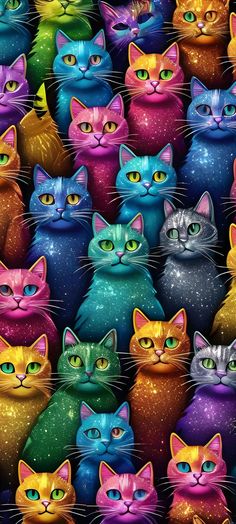 many different colored cats are shown in this colorful background with stars and sparkles on them