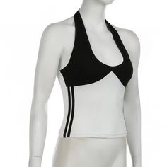 Please refer to our sizing chart for a guideline when choosing a size. 5 business days order processing time. 90% polyester 10% spandex White T-back Top With Built-in Bra, Fitted Black Top With Contrast Stripes, Black Fitted Top With Contrast Stripes, White T-back Tops For Summer, Sporty Fitted Top With Contrast Color, White Stretch Backless Tank Top, Fitted Summer Top With Splicing Details, High Stretch Black Halter Neck Tops, Stretch Tops With Contrast Color