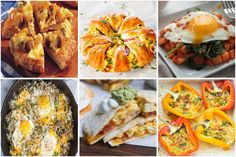 several different pictures of food including eggs, bread and vegetables