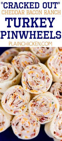 there is a pile of cracker bacon ranch pinwheels on the plate with text overlay