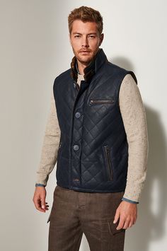 Heading out to chop firewood or surveying the views at the ski lodge, you'll be ruggedly handsome in the Hayes, a quilted vest crafted from plush Spanish shearling. This sheepskin layer is perfect for chilly fall, winter, and spring days, buttoning up over your sweaters and flannel shirts with ease and buckling at the standup collar. Stash your gloves and phone in the four zip pockets and you'll be ready to take on whatever comes. Sheepskin Vest, Shearling Vest, Sheepskin Coat, Flannel Shirts, Ski Lodge, Navy And Brown, Quilted Vest, Flannel Shirt, Men Fashion