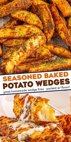 baked baked potato wedges with seasoning on top and in the background, there is an advertisement for seasoned baked potato wedges