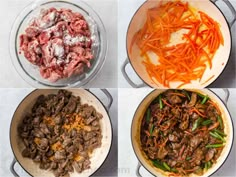 four different types of food cooking in pans on the stove top, including carrots and meat