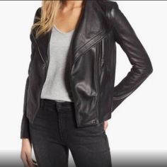 100% Leather Jacket. Please Note Photos For Tiny Imperfections Pit To Pit: 18” Length: 20” Long Sleeve Leather Jacket For Layering, Casual Fitted Leather Jacket For Office, Versatile Leather Jacket For Fall, Fitted Leather Outerwear For Layering, Fitted Leather Jacket For Layering, Sleek Biker Jacket For Office In Fall, Edgy Fall Outerwear For Office, Sleek Fall Outerwear For Layering, Sleek Outerwear For Layering In Fall