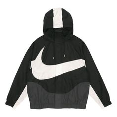 The Men's Nike Sportswear Swoosh Hooded Woven Large Logo Jacket Autumn Black is the perfect combination of style and comfort. The black colorway and large logo make it the perfect addition to any wardrobe. The lightweight fabric and adjustable hood make it ideal for outdoor activities, while the unique design is inspired by the Nike Sportswear series. Whether you're running errands or taking a walk, this jacket is sure to keep you warm and stylish. Nike Sports Hoodie For Sports Season, Black Nike Nylon Hooded Jacket, Sporty Black Nylon Hooded Jacket, Black Techwear Track Jacket With Adjustable Hood, Urban Style Black Track Jacket For Outdoor Activities, Black Casual Track Jacket With Detachable Hood, Urban Black Windbreaker With Adjustable Hood, Functional Nike Hoodie For Streetwear, Nike Sporty Hoodie Jacket