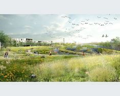 an artist's rendering of a green landscape with people walking and birds flying overhead