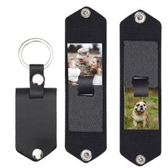 two black leather key tags with a photo on them