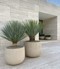 two large planters sitting next to each other in front of a building