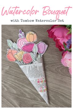 Image contains a watercolor flower bouquet on a wooden table with silk flowers off to the side. Diy Craft Bouquet, White Watercolor Flowers, Diy Flower Card, Flower Bouquet With Paper, Watercolor Projects For Kids, Watercolor Activities, Flower Art Projects, Nature Art For Kids