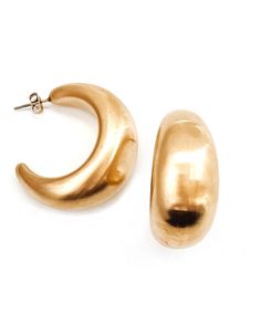 Our Enoch Matte Gold Earrings are the perfect touch of luxe to transform any look. Exquisitely crafted in a matte gold tone, these statement earrings add a sophisticated and unique element to any ensemble. Crafted with waterproof material, these earrings are perfect for any occasion - rain or shine! Brushed, Matte Gold finish 2 sizes to choose from Waterproof Tarnish resistant 18K Gold plated stainless steel Hypoallergenic Elegant Crescent Brass Hoop Earrings, Elegant Crescent Shaped Brass Hoop Earrings, Elegant Bronze Metal Hoop Earrings, Gold Crescent Jewelry For Party, Gold Metal Hoop Earrings For Evening, Gold Crescent Brass Earrings, Chic Gold Brass Earrings, Chic Brass Hoop Earrings For Formal Occasions, Modern Gold Crescent Earrings