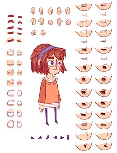 an animated girl is standing in front of many different parts of her body and head