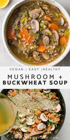 mushroom and buckwheat soup in a white bowl